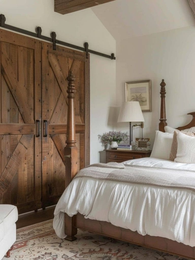 Country-style bedroom with four-poster wooden bed, white bedding, and sliding barn door in a vintage farmhouse setting.