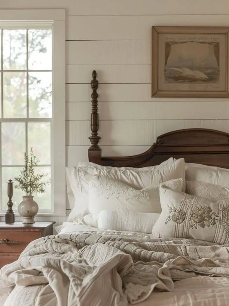 Farmhouse bedroom with layered bedding, soft textures, and a large window framed by floral curtains.