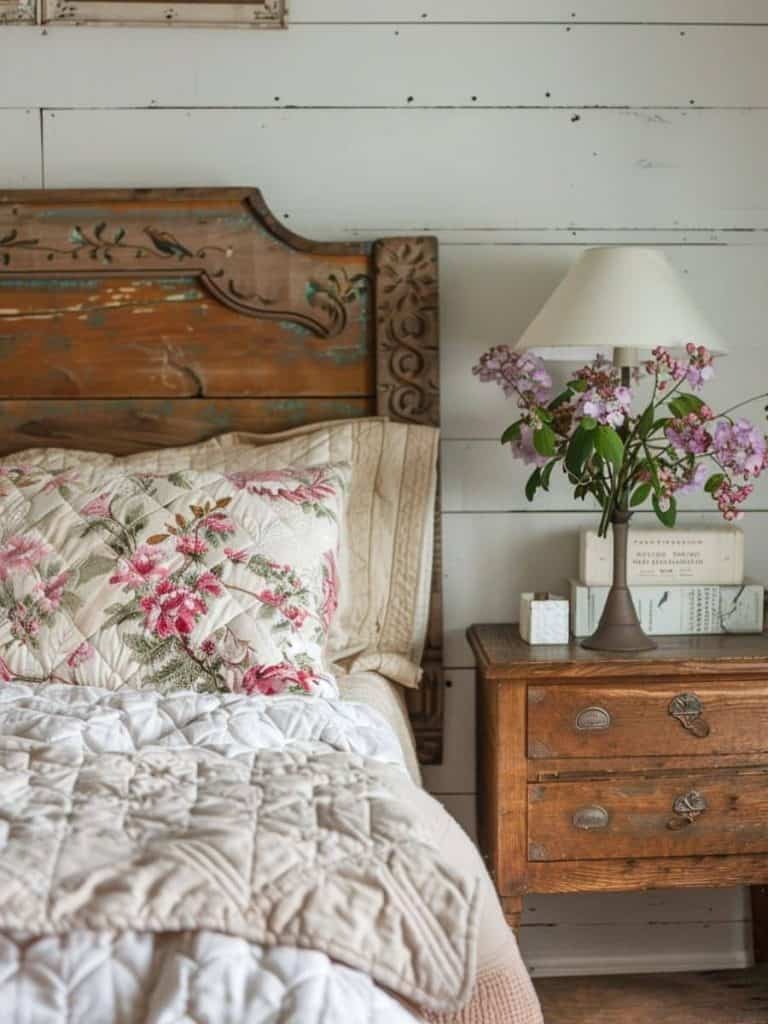 Warm vintage farmhouse bedroom with a hand-painted wooden headboard, quilted bedding, and a bedside lamp.
