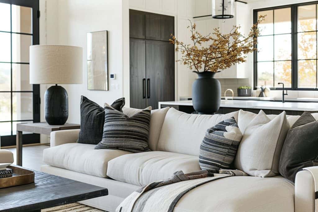 Black and neutral living room with a white sofa filled with black and gray pillows, featuring a large black vase with yellow branches on a central table, framed by black windowpanes.