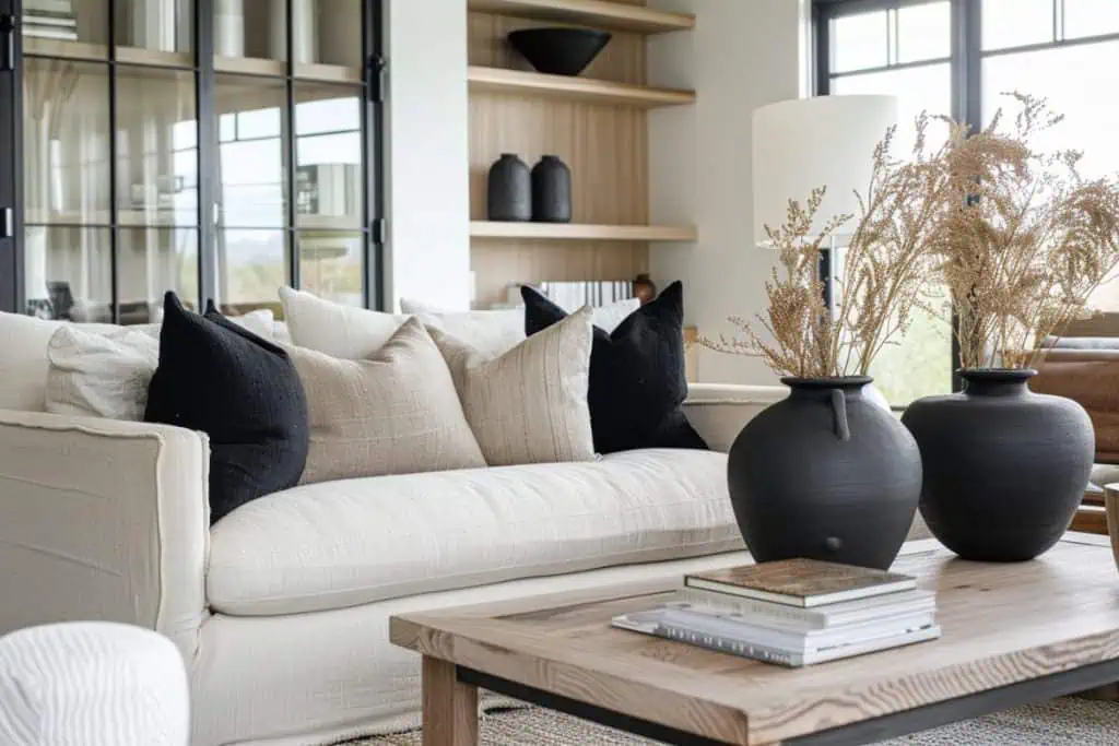 Contemporary black and neutral living room with a long white sofa opposite a sleek black media unit, featuring a variety of pillows and a large wooden coffee table with rustic accents.