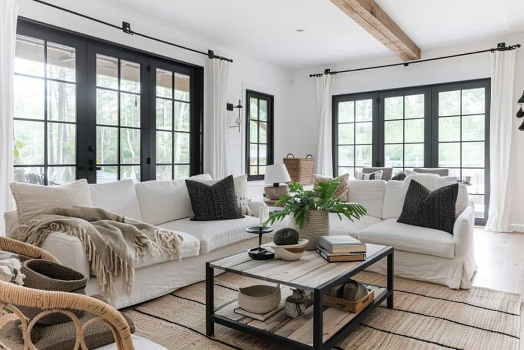 Spacious black and neutral living room with large black framed windows, two white sofas, and a beige armchair around a central rustic wooden coffee table on a beige rug.