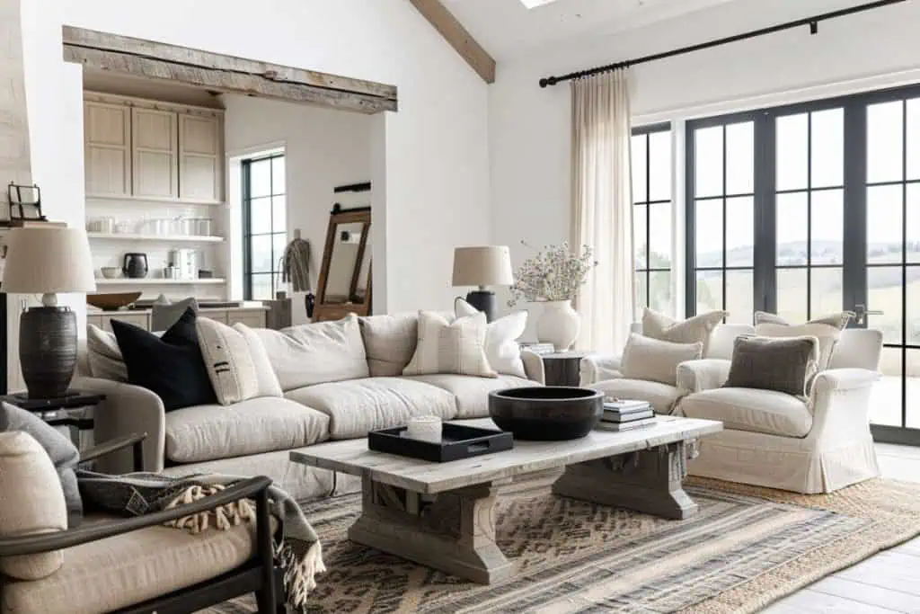 Cozy corner in a black and neutral living room with a beige sectional sofa and a collection of beige and black throw pillows, next to a rustic barn-style sliding door.