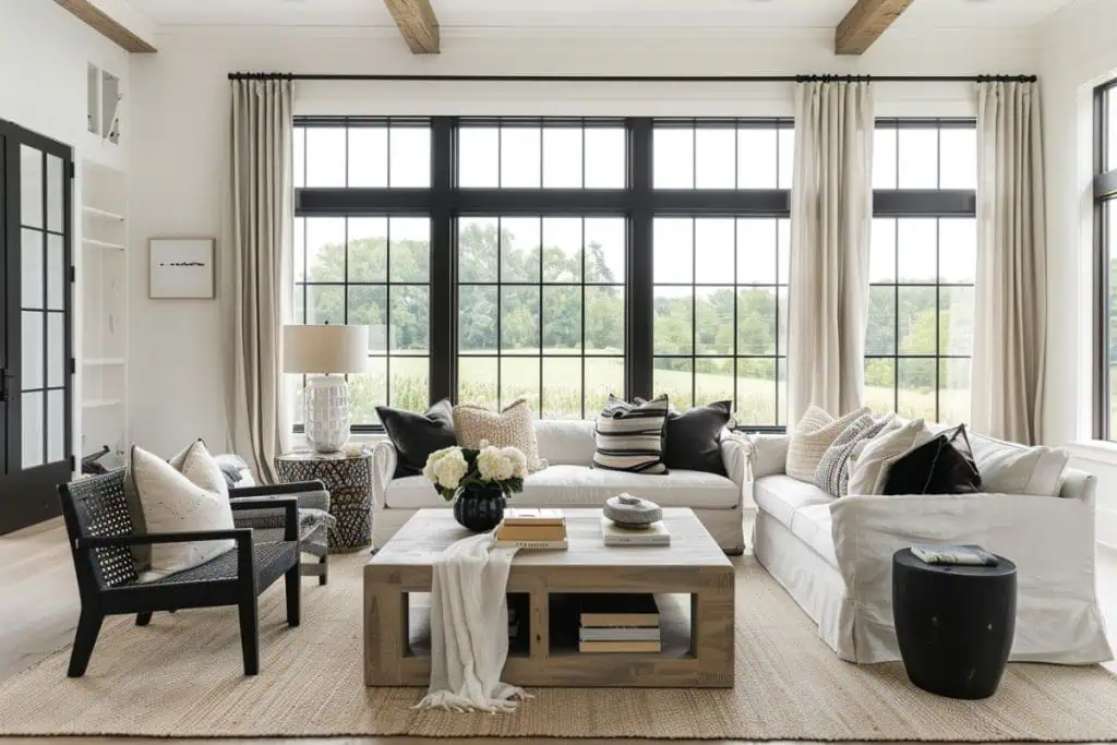 Bright black and neutral living room theme featuring a large white sectional sofa with black accent pillows and a central wooden coffee table, complemented by a black vase with dried branches.
