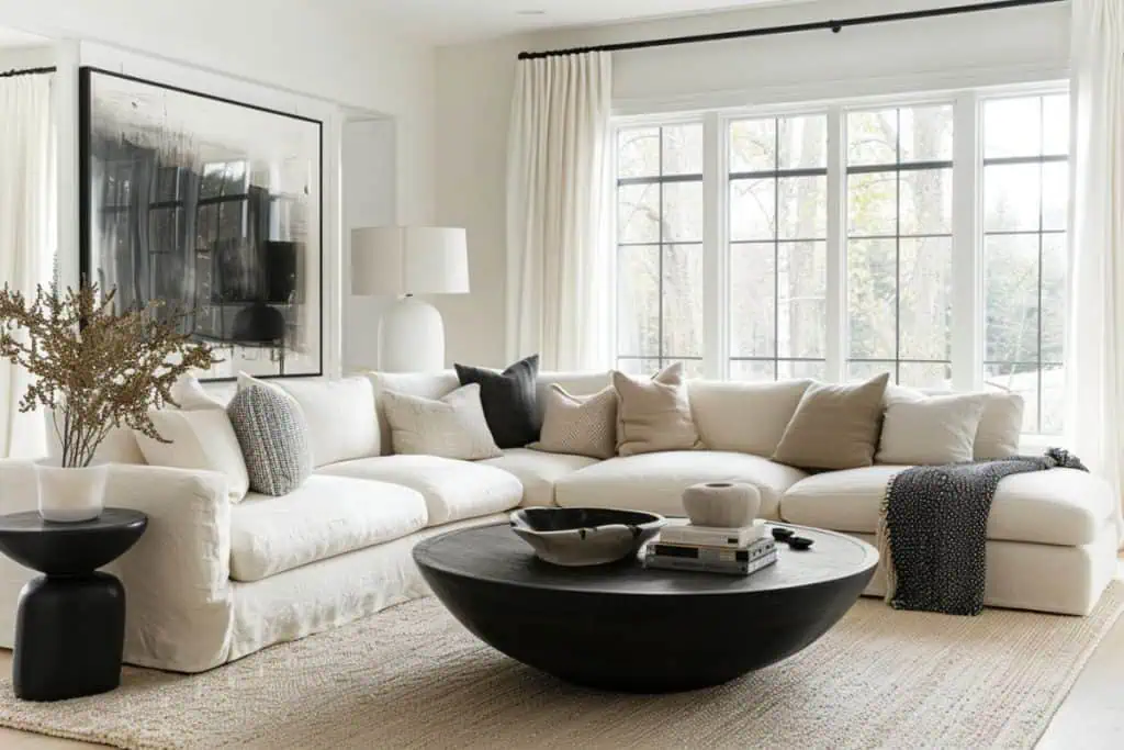 Comfortable black and neutral living room focusing on a textured black sofa surrounded by white and beige pillows, with a foreground wooden coffee table holding decorative items.