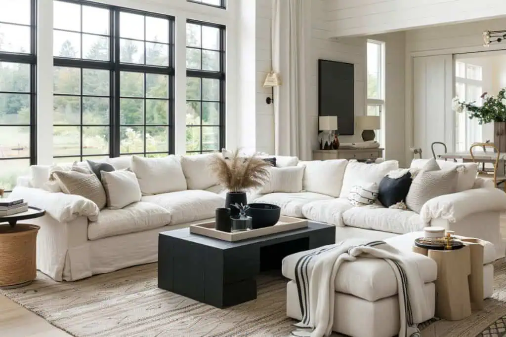 Luxurious black and neutral living room with a white sofa, decorative pillows, facing a large, low black coffee table, framed by large windows with black borders.