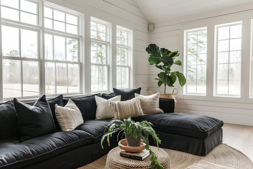 Spacious living room with a large black sectional couch, decorated with neutral throw pillows, a woven rug, and a tall green plant in the corner. The room is filled with natural light from the numerous large windows.