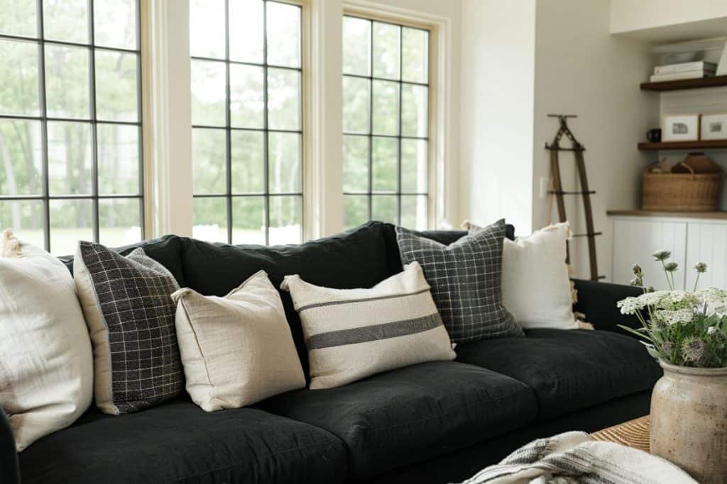 Stylish living room with a black sectional couch, white pillows, and a wooden coffee table. Large windows with black frames bring in natural light, and the room is accented with cozy textiles and decorative items on shelves.