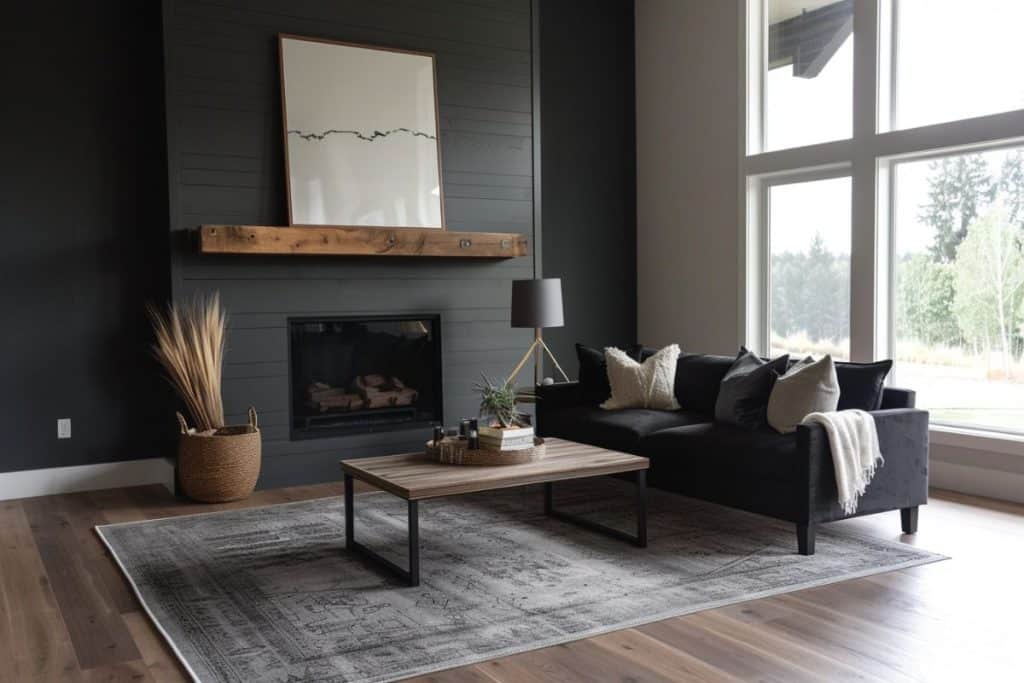 black shiplap fireplace with wood mantle, black couch rug and wood floors