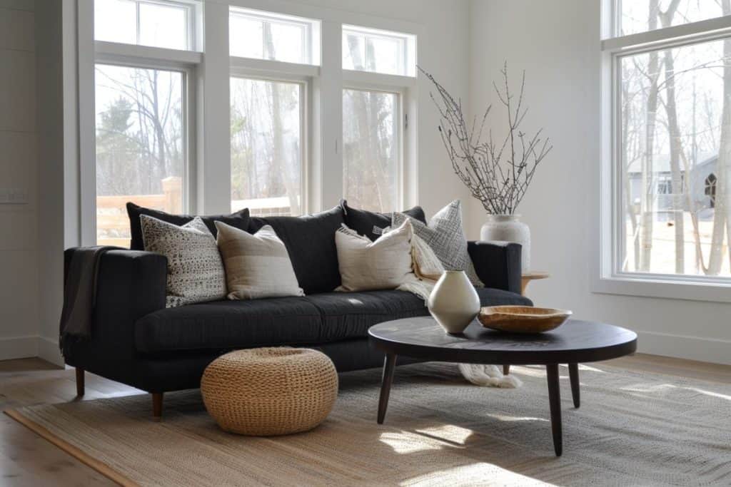 Elegant living room with a black sectional couch, accented with white pillows and a woven blanket. Large windows provide ample natural light and a view of outdoor greenery.