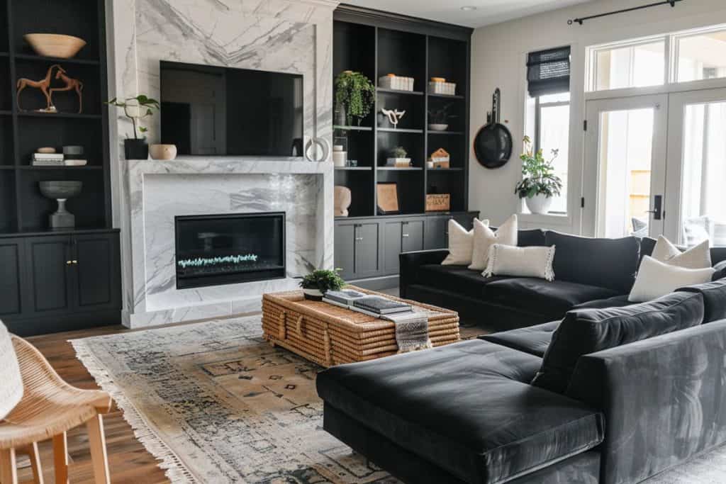 Modern living room featuring a black sectional couch with cream pillows, a marble fireplace, a woven coffee table, and built-in black shelves adorned with various decorative items. Large windows and a glass door allow ample natural light.