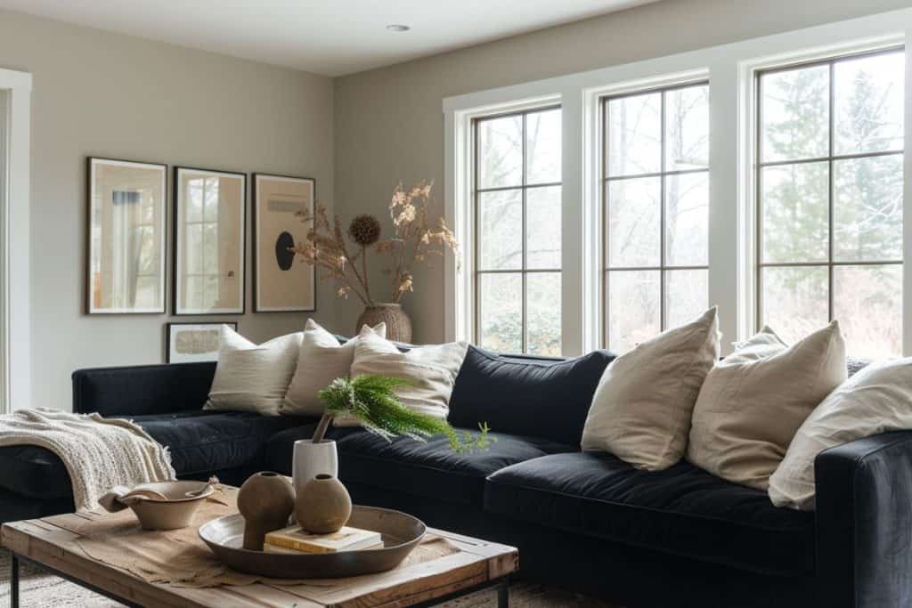 Contemporary living room with a black sectional couch filled with large white pillows, a wooden coffee table, and a large plant in a basket. Multiple windows let in plenty of daylight, highlighting the room's neutral color scheme.