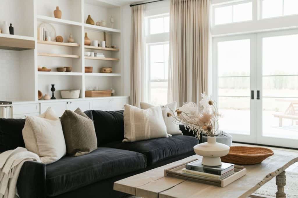 Bright living room with a black sectional couch, adorned with light-colored pillows and a cozy blanket. Shelving units in the background display earthy-toned decor, and large windows and glass doors flood the room with natural light.