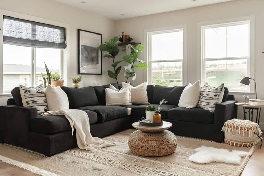 Living room featuring a black sectional couch with cream pillows and a knitted throw blanket. The room is decorated with a woven coffee table, large framed artwork, and plenty of natural light from the tall windows.