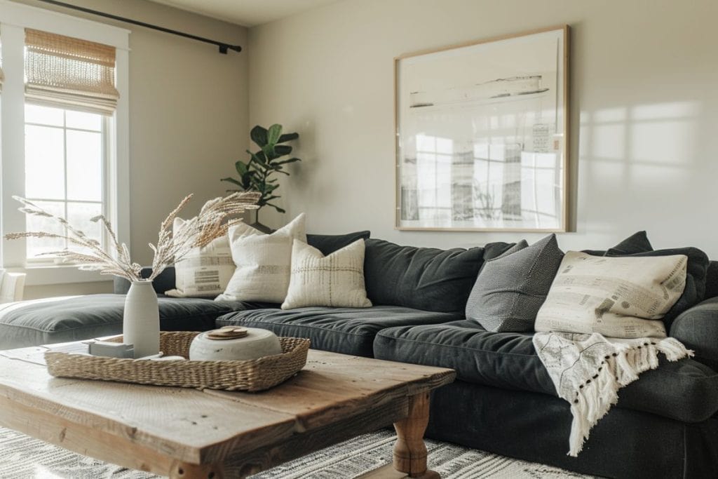 Bright and airy living room with a black sectional couch, adorned with white and patterned pillows. A woven coffee table and various potted plants add a touch of greenery, while large windows provide an abundance of natural light.