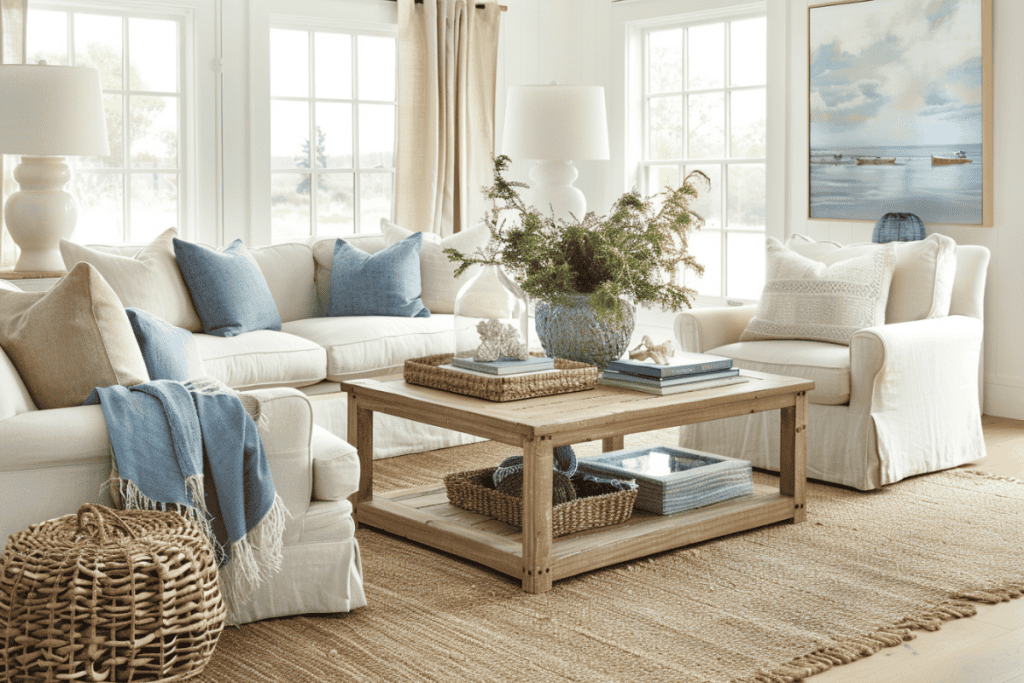 A bright coastal living room featuring a white sectional sofa adorned with beige and white pillows. The space includes a wooden coffee table with a woven tray centerpiece and a large potted plant beside the couch. A beach-themed artwork hangs on the wall, complementing the airy and serene atmosphere.