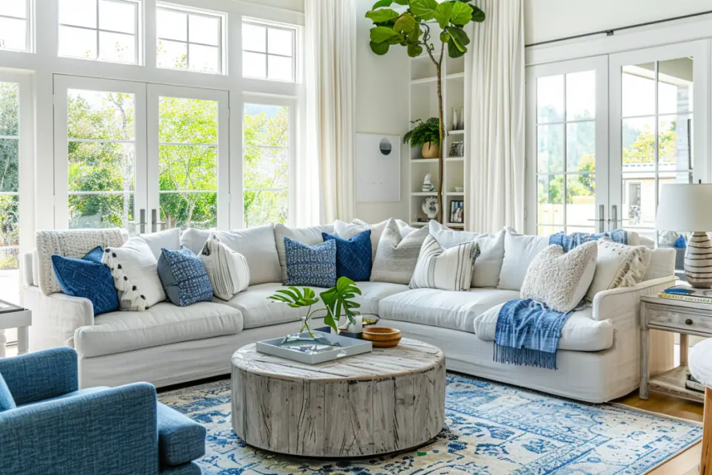 A bright coastal living room featuring a white sectional sofa with blue and white pillows. The space includes a rustic wooden coffee table, a blue patterned rug, and a large potted plant. The room is filled with natural light from the large windows, creating a serene and airy atmosphere.
