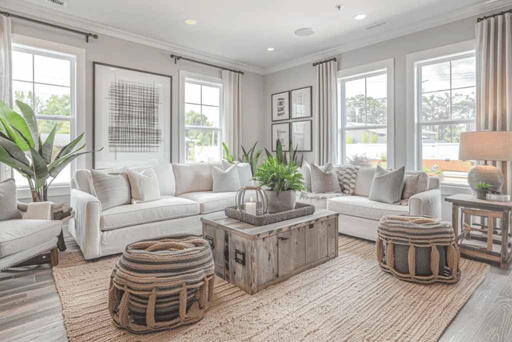 A cozy and bright living room with a white sectional sofa, neutral pillows, and a rustic wooden coffee table. The room includes indoor plants, a natural fiber rug, and large windows that bring in natural light and offer a view of the outdoor surroundings.