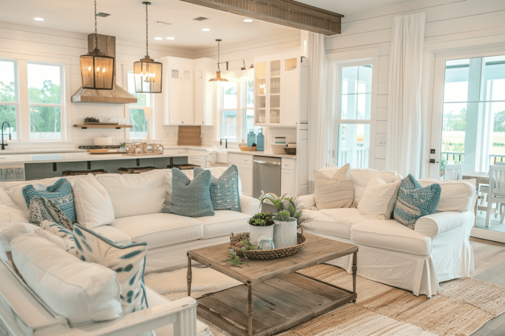 An open-concept living room with a white sectional sofa, blue pillows, and a wooden coffee table. The room features a white kitchen in the background, large windows, and coastal decor elements, creating a bright and inviting space.