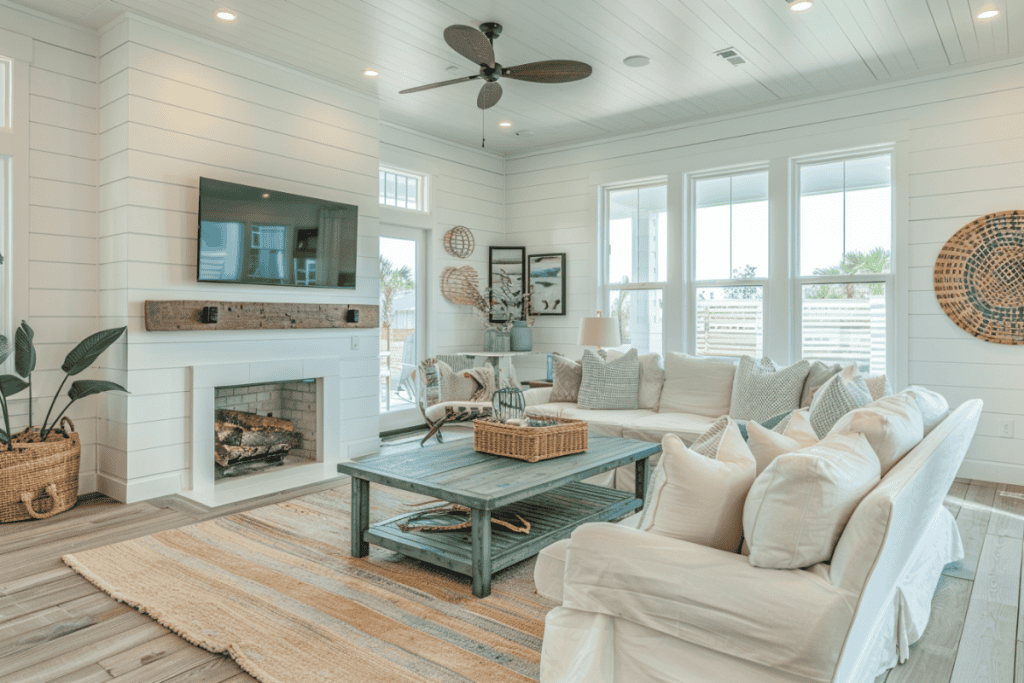 A coastal living room with a white sectional sofa, neutral pillows, and a rustic wooden coffee table. The room features a fireplace, large windows, and coastal-themed decor. Indoor plants and woven baskets add natural elements to the space.