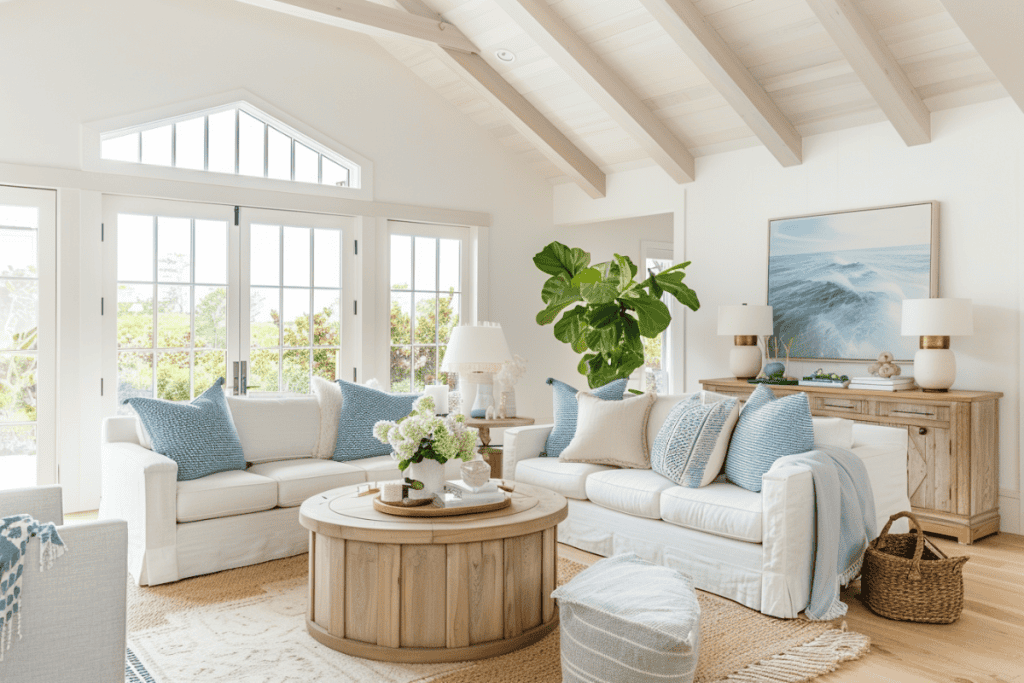 A bright and airy coastal living room with a white sofa and blue accent pillows. The room includes a round wooden coffee table, indoor plants, and large windows providing a view of the garden. The vaulted ceiling and natural light enhance the serene ambiance.