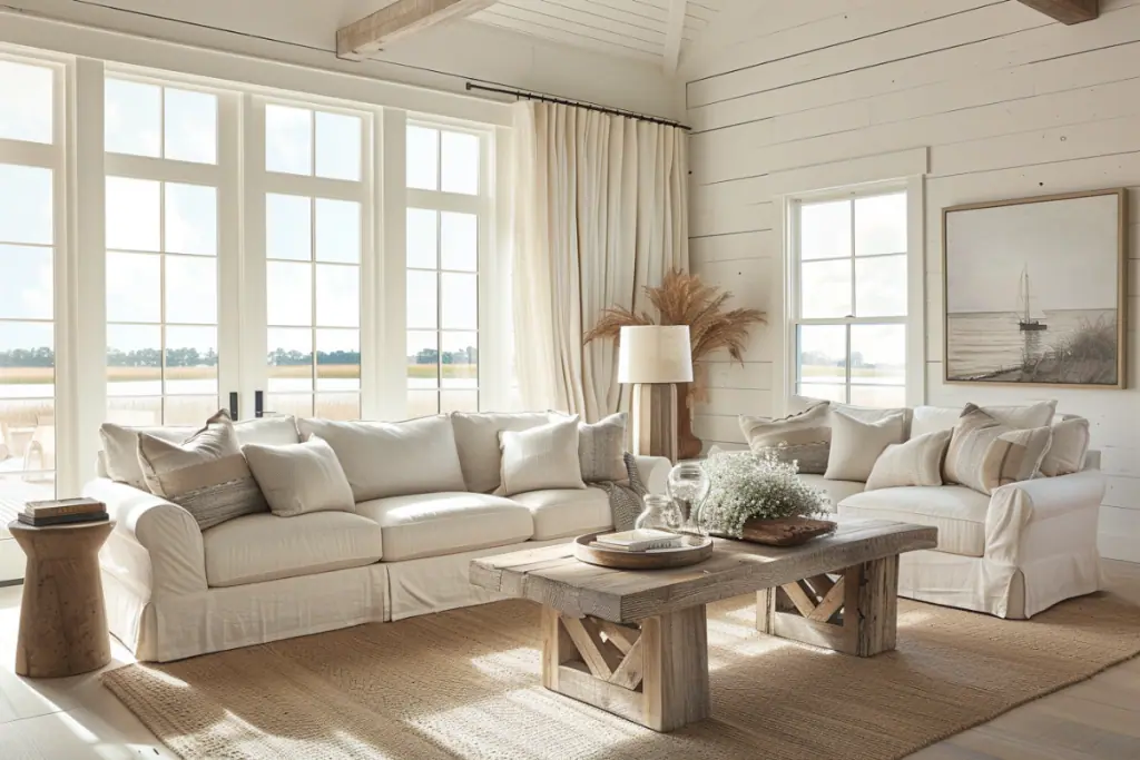 A serene coastal living room with white sofas, beige pillows, and a rustic wooden coffee table. The space is decorated with natural fiber rugs, a wooden side table, and coastal-themed artwork. Large windows bring in natural light and offer a view of the outdoors.