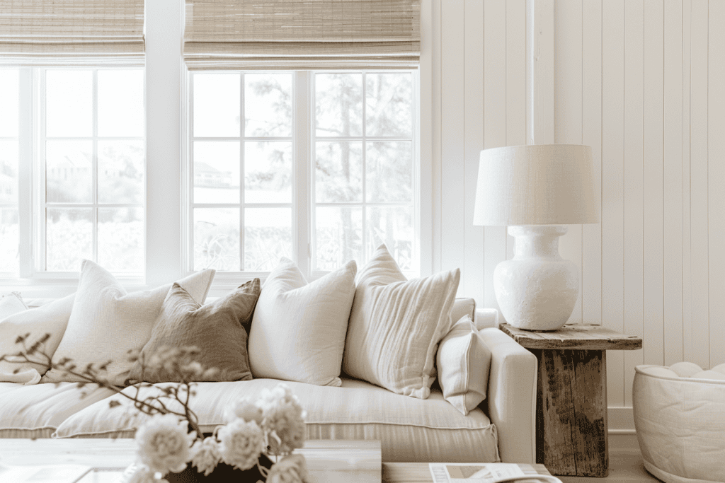 A bright and cozy living room with a white sofa, gray and beige pillows, and a wooden coffee table. The space includes large windows with natural light, neutral decor elements, and a white lamp on a rustic wooden side table, creating a serene atmosphere.