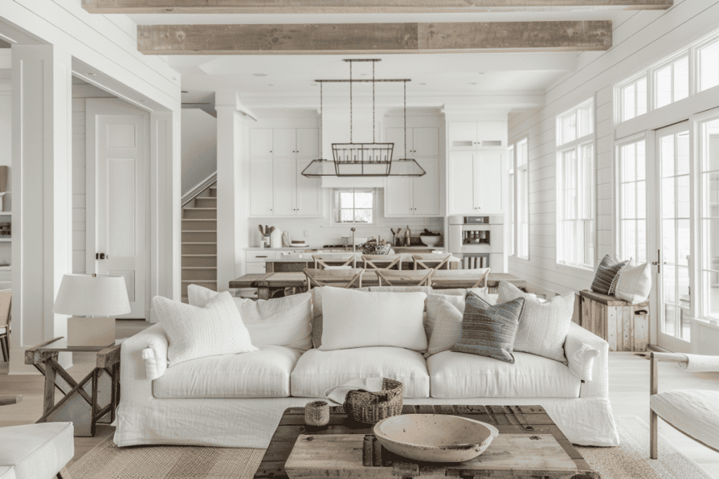 A coastal living room with a white sofa, blue and beige pillows, and a rustic wooden coffee table. The space includes a white kitchen in the background, natural light from large windows, and modern coastal decor, creating an inviting atmosphere.