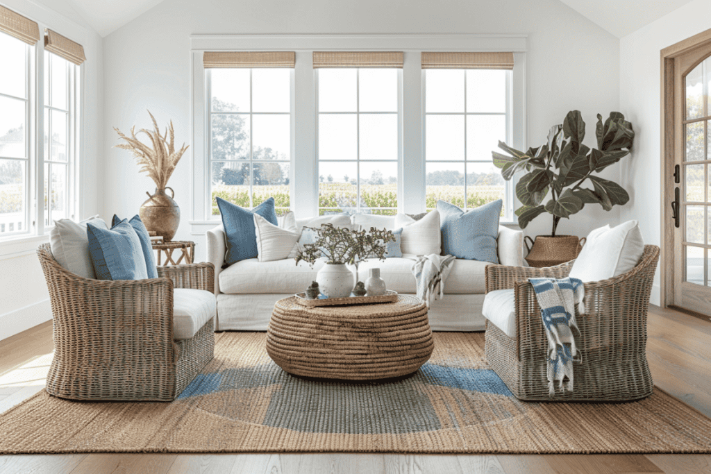 A bright and airy living room with a white sofa, blue pillows, and a wicker coffee table. The room features a large indoor plant, woven rugs, and large windows providing a view of the garden. The high ceiling and natural light enhance the coastal ambiance.