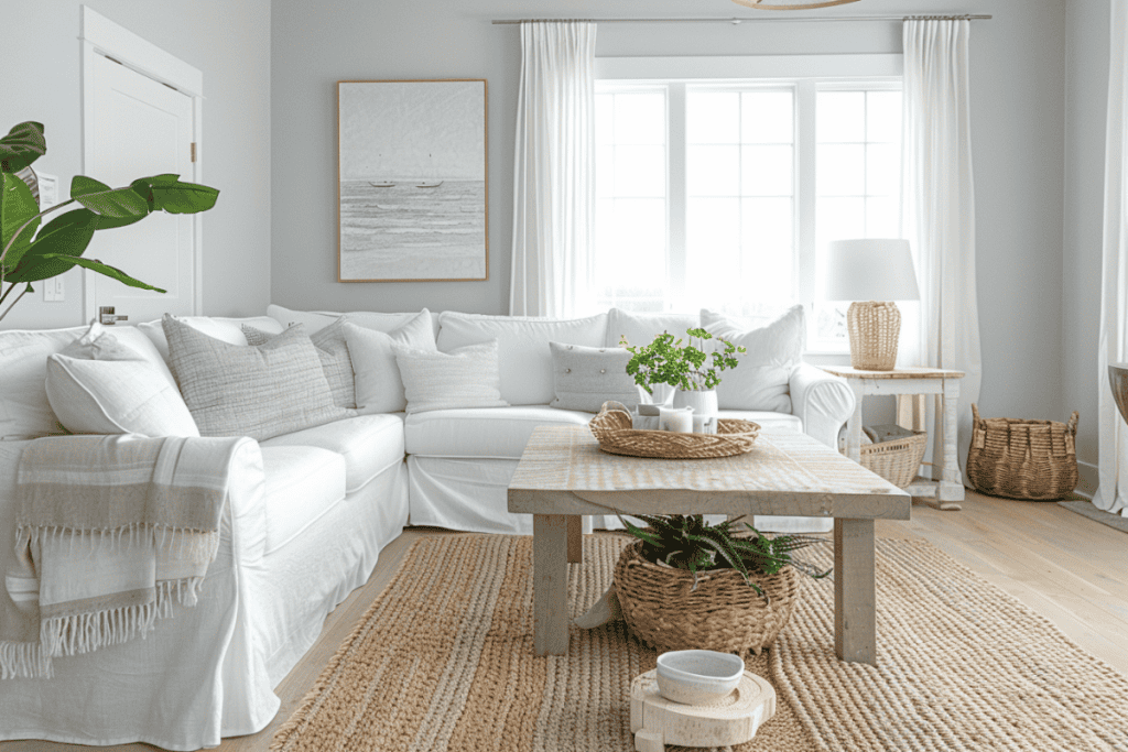 A spacious coastal living room with a large white sectional sofa filled with neutral-toned pillows. The room features a rustic wooden coffee table decorated with greenery and modern accents. The walls are lined with large windows, bringing in ample natural light and offering a view of the outdoor scenery.
