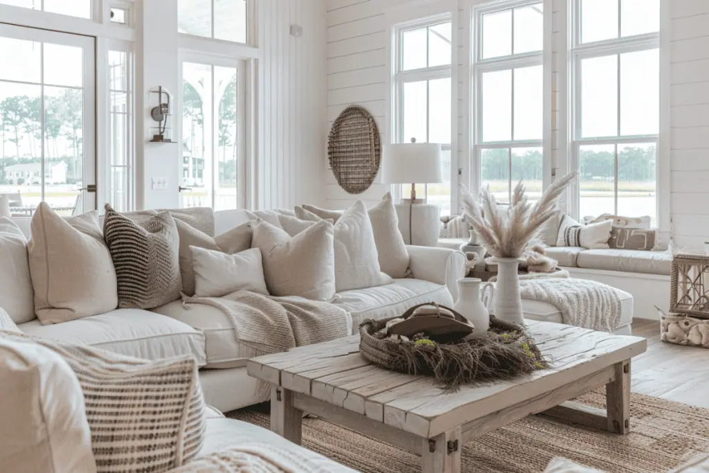 An open-concept coastal living room with a white sectional sofa and blue accent pillows. The space is styled with a light wooden coffee table, a blue patterned rug, and coastal decor pieces. Large windows and high ceilings add to the bright and airy feel of the room.