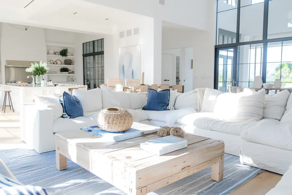 A cozy coastal living room featuring a white sofa with a mix of blue and white pillows. The room includes built-in shelves displaying coastal decor, a rustic wooden coffee table with natural elements, and large windows providing a view of the ocean.