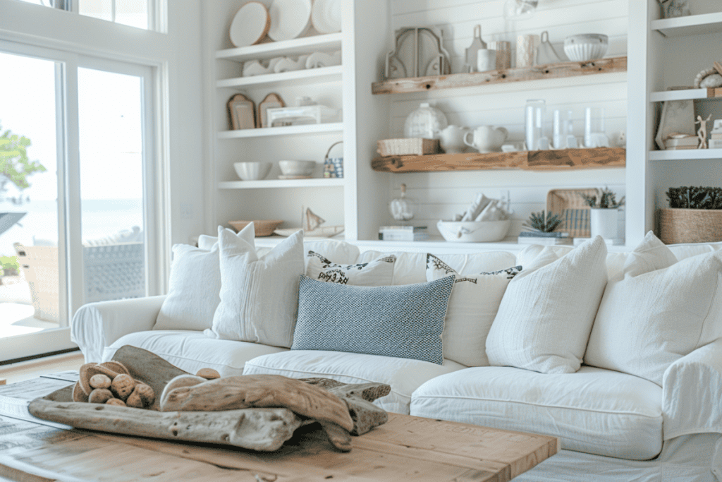 A serene coastal living room with a white sofa, beige and gray pillows, and a rustic wooden coffee table. The room is adorned with natural fiber rugs, woven baskets, and a large potted plant, creating a calming and natural ambiance.