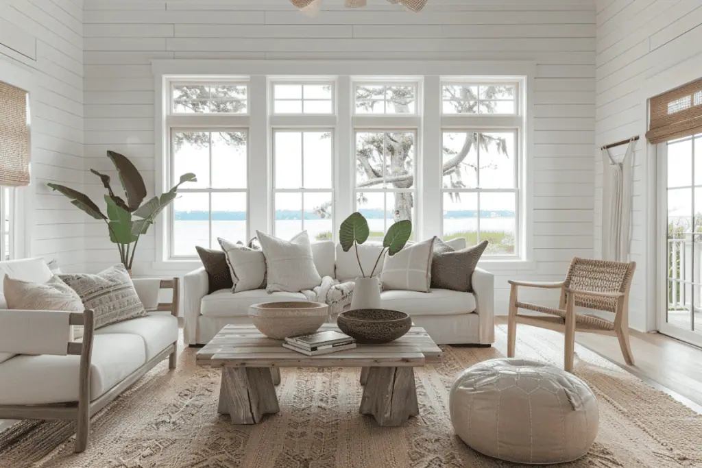 A coastal living room with a white sofa and blue patterned pillows. The space includes a round wicker coffee table, a blue and white rug, and coastal-themed artwork. Large windows allow natural light to flood the room, enhancing its bright and airy atmosphere.