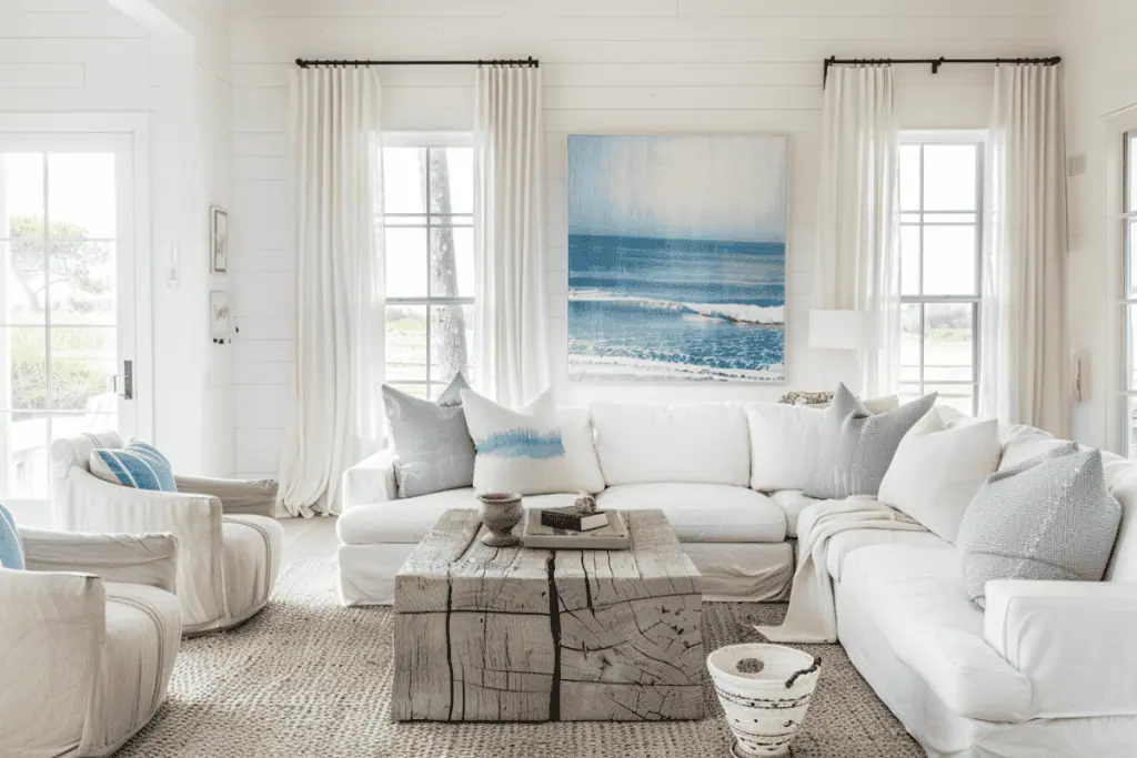 A coastal living room with a white sectional sofa and a variety of neutral-toned pillows. The room features a unique wooden coffee table, a natural fiber rug, and coastal decor elements, creating a tranquil and inviting space.