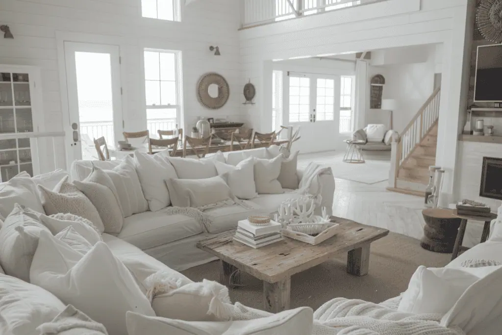 A spacious coastal living room with a white sectional sofa and an abundance of neutral-toned pillows. The room includes a rustic wooden coffee table, coastal decor elements, and large windows that provide natural light and a view of the ocean.