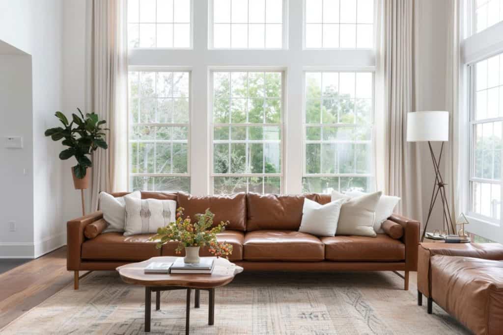cognac couch in living room with white pillows and large windows