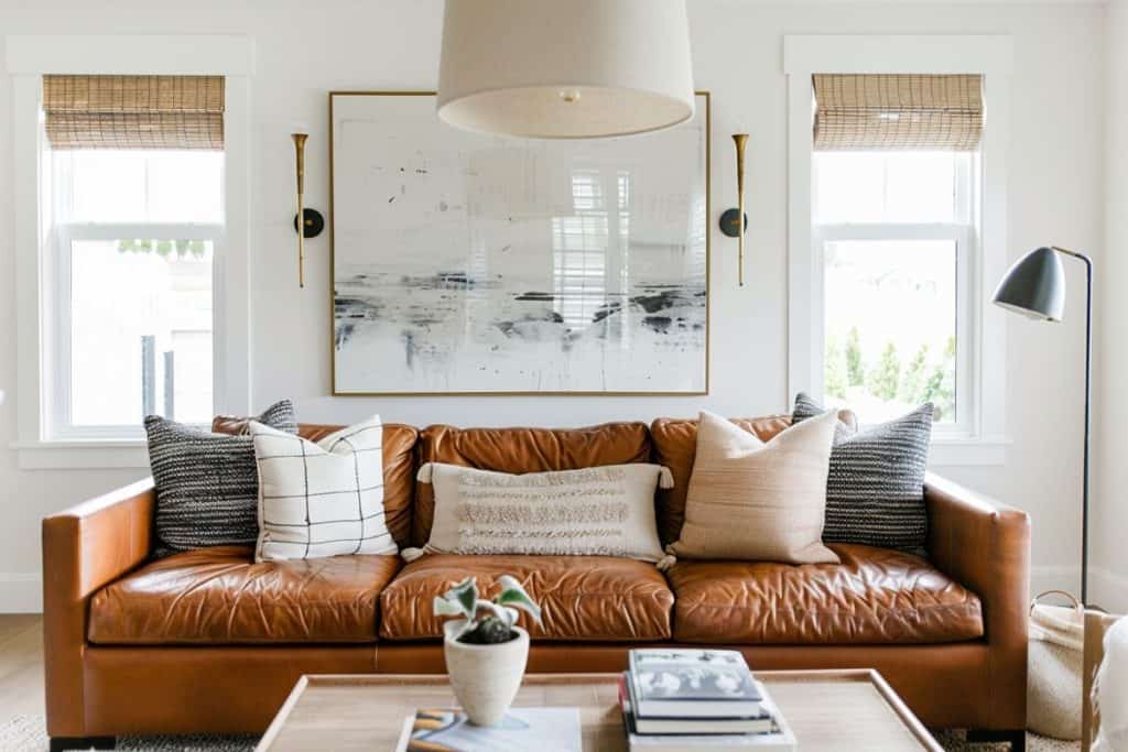 cognac couch living room with neutral pillows