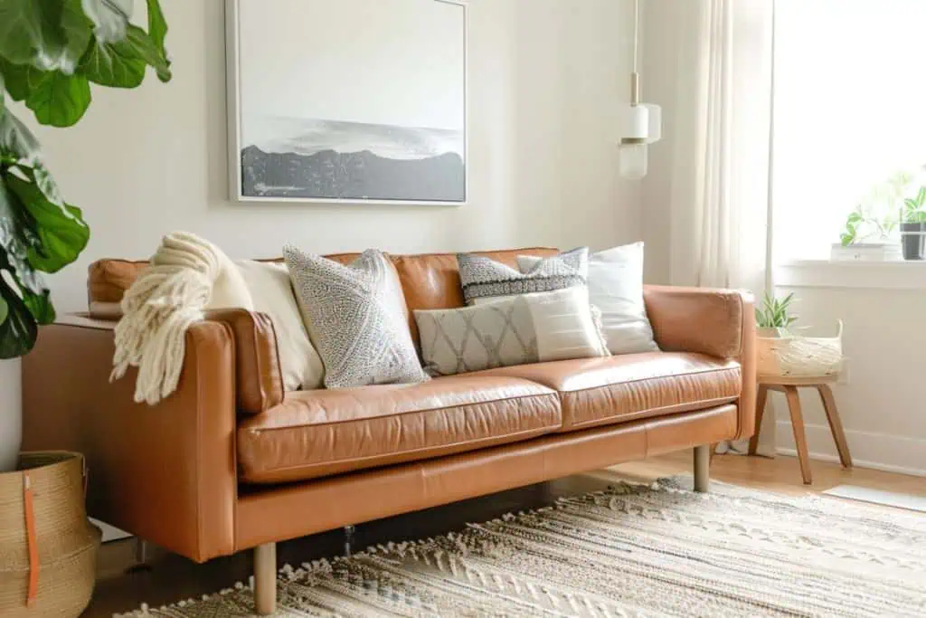 A cozy living room with a cognac leather couch adorned with white and beige pillows, a light blanket, a wooden coffee table, and minimalist decor, including a neutral abstract painting on the wall.