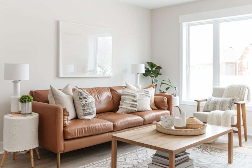 A stylish living room with a cognac leather couch, neutral-toned pillows, a wooden coffee table, a hanging lamp, and a serene landscape painting above the couch, complementing the room's earthy tones.