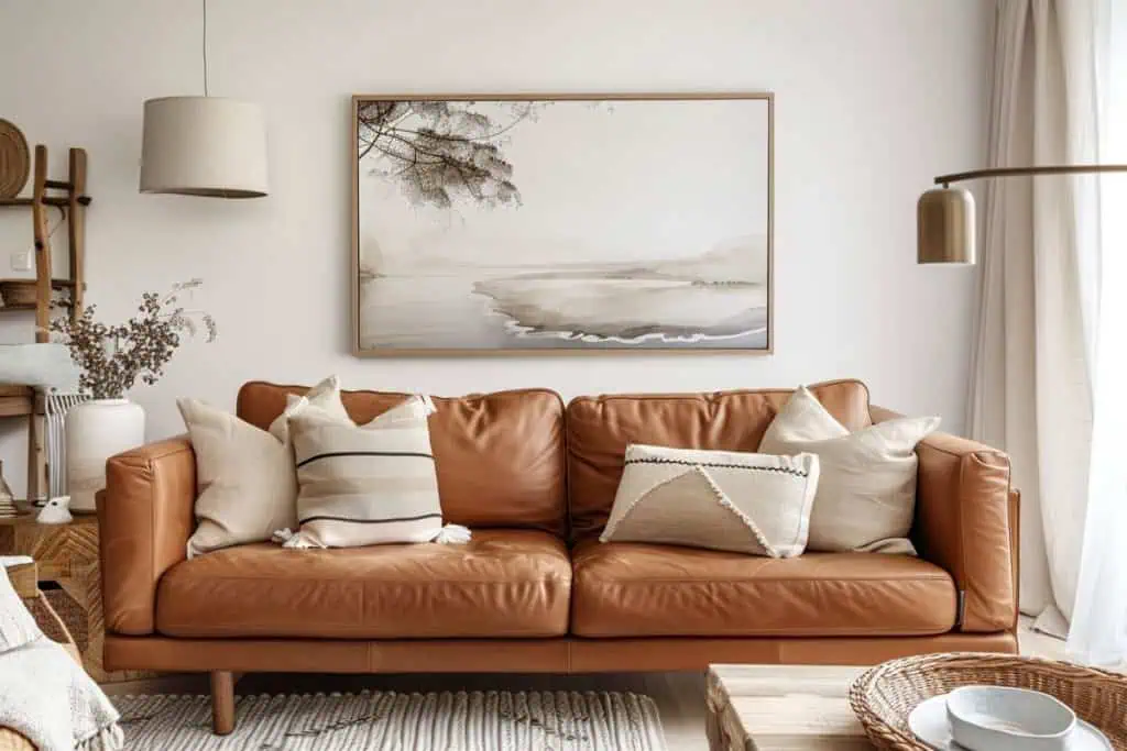 A warm, inviting living room showcasing a cognac leather couch, a variety of textured pillows, a cozy throw, and framed abstract art, with greenery adding a fresh touch by the window.