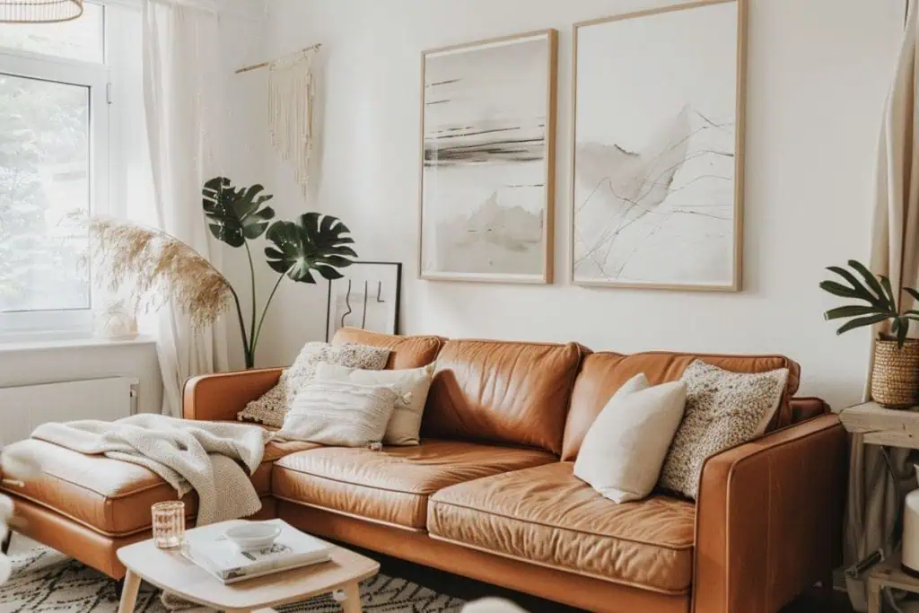 A modern living room with a cognac leather couch, a mix of soft pillows, a wooden coffee table, a woven pendant light, and a minimalistic beach painting, creating a serene atmosphere.