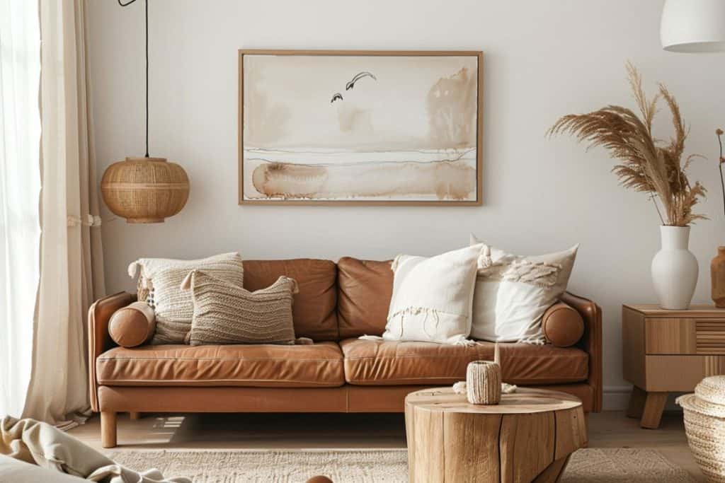 A chic living room with a cognac leather couch, light-colored pillows, a wooden side table, and minimalist decor, including a large abstract painting and dried floral arrangements, bathed in natural light.