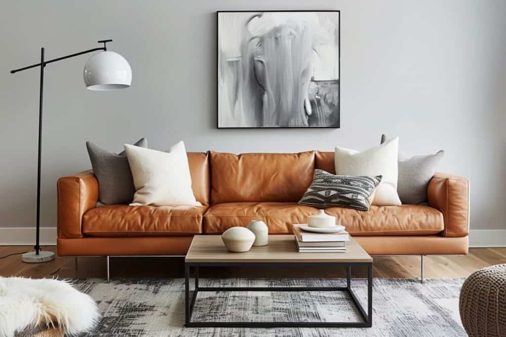 A spacious living room with a cognac leather couch, soft pillows, a wooden coffee table, and a pair of minimalistic framed artworks, with large windows providing an abundance of natural light.