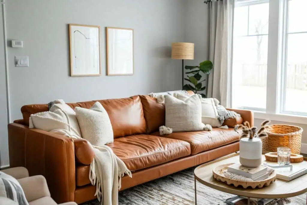 A comfortable living room with a cognac leather sectional, grey and white pillows, a light-colored throw, a wooden coffee table, and a detailed map artwork on the wall, creating a cozy, lived-in feel.