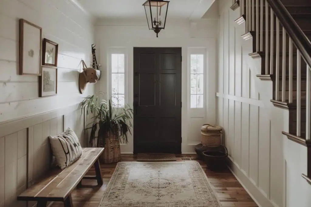 Traditional entryway with dark wooden doors and a white paneled wall. A wooden bench, several woven baskets, and a patterned rug create a cozy, welcoming space