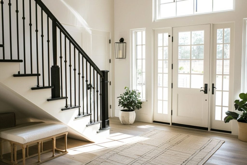 Bright entryway with natural light streaming through high windows next to a double door. The area is styled with a rustic bench, a potted plant, and a patterned rug, creating a warm and inviting atmosphere