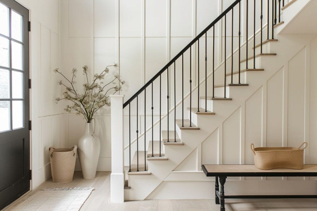 A sophisticated entryway highlighted by a white vase with delicate branches on a sleek black bench under a staircase. The white paneling and light hardwood floors enhance the clean, modern aesthetic.