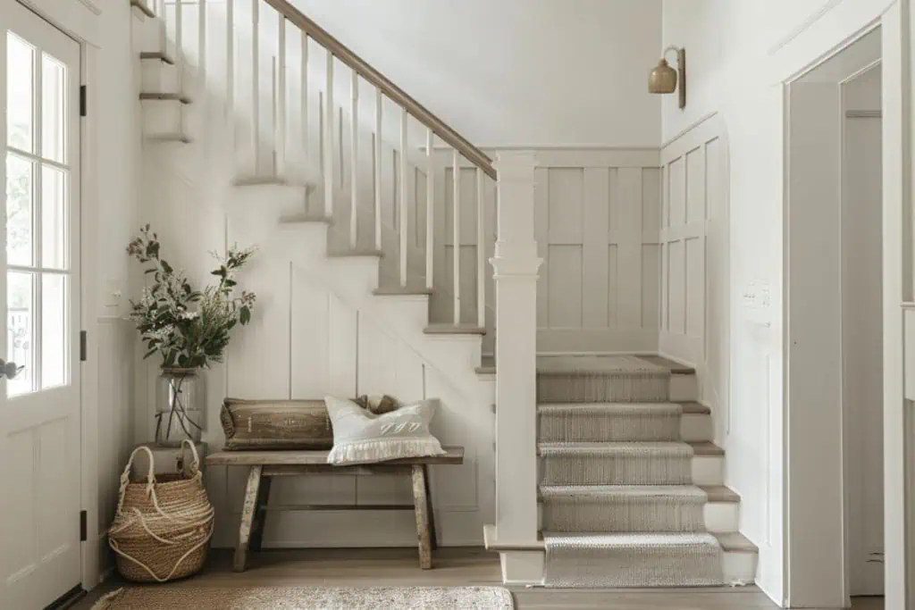 A serene and spacious entryway with a large staircase wrapped in a white balustrade. Decor includes a bench with a gray cushion, a rustic wooden table with a vase, and a basket filled with cozy blankets.