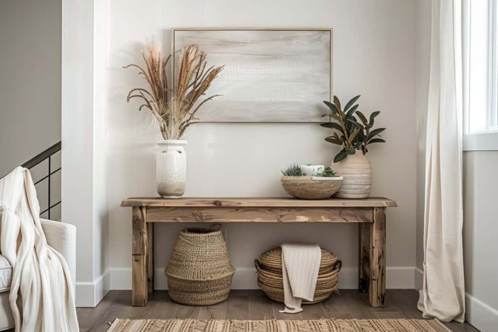 Elegant entryway with a wooden table displaying a vase of tall dried grasses against a white backdrop. The space is accented with a small round table and a wooden bench, offering a blend of rustic charm and modern simplicity